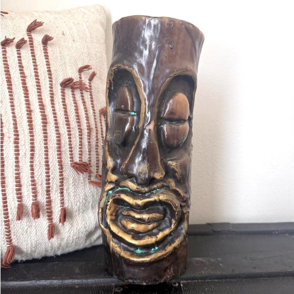 Vintage Large Tiki Face Candle Brown Wax Sculpture Retro Boho Decor